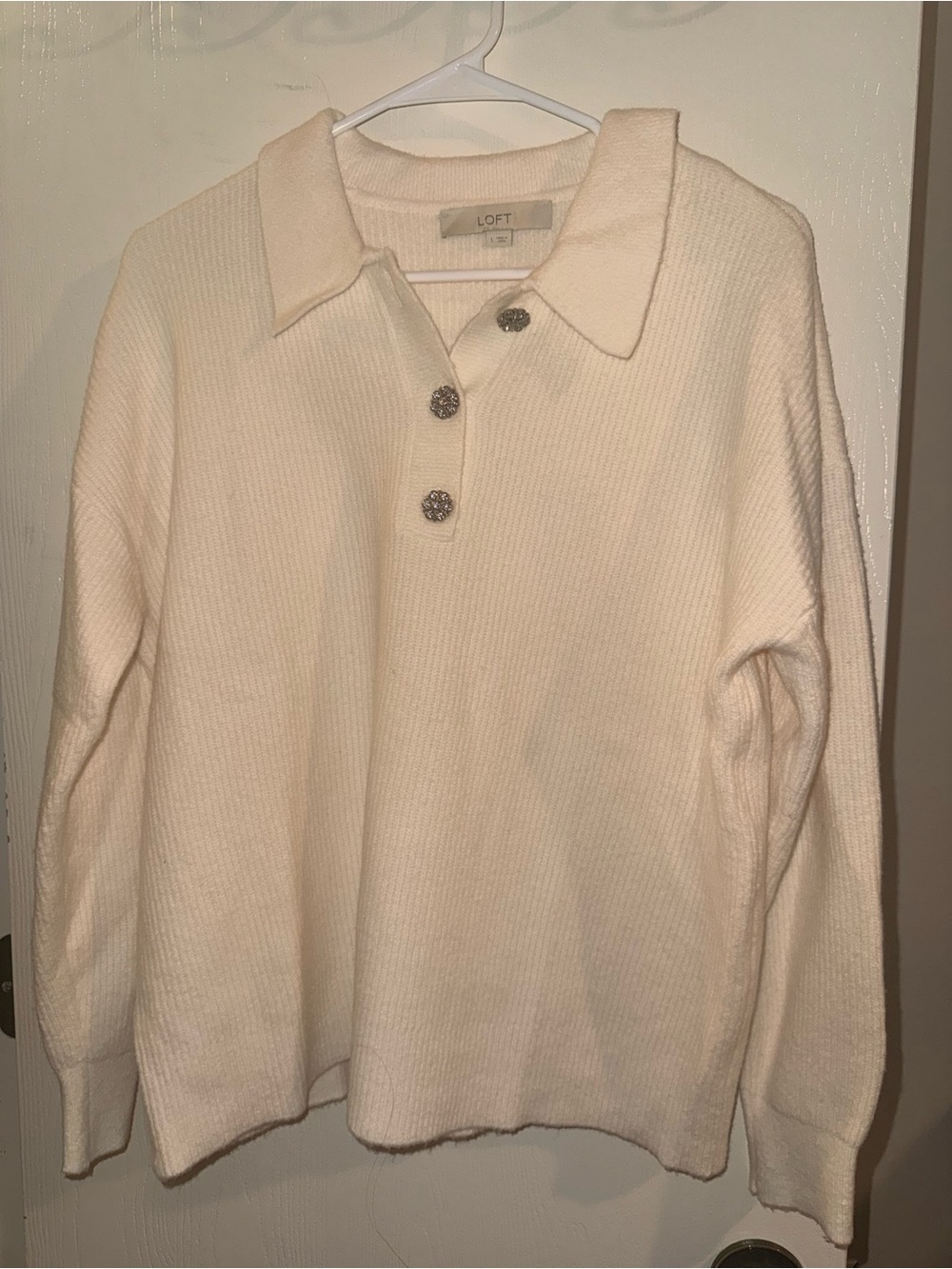 LOFT Cream Collared Knit Pullover with Decorative Buttons